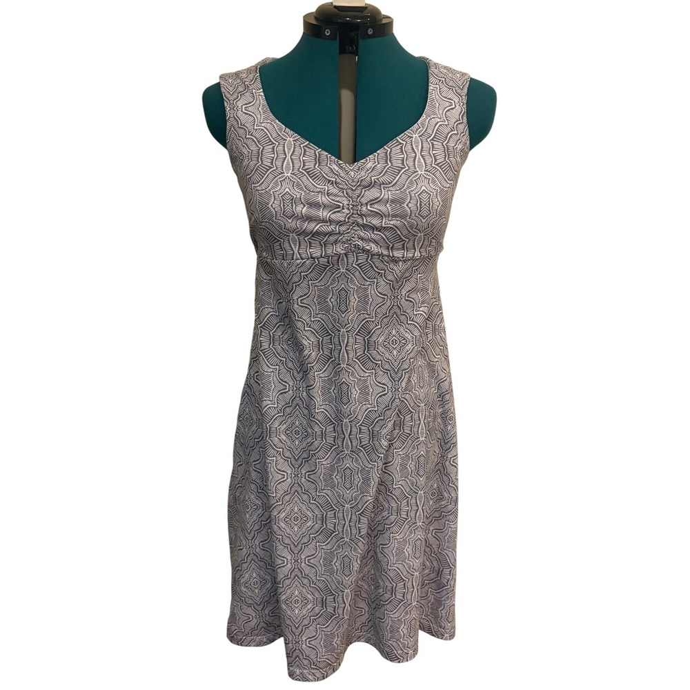 PrAna Viana Dress Women'sSmall Gray White Print Sleeveless V-Neck‎ Knee Length